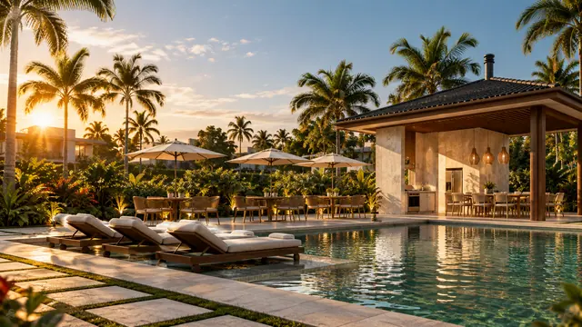 Piscina do clube com espreguiçadeiras e área gourmet ao pôr do sol