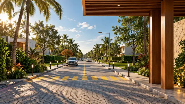 Rua interna com pavimento intertravado e paisagismo