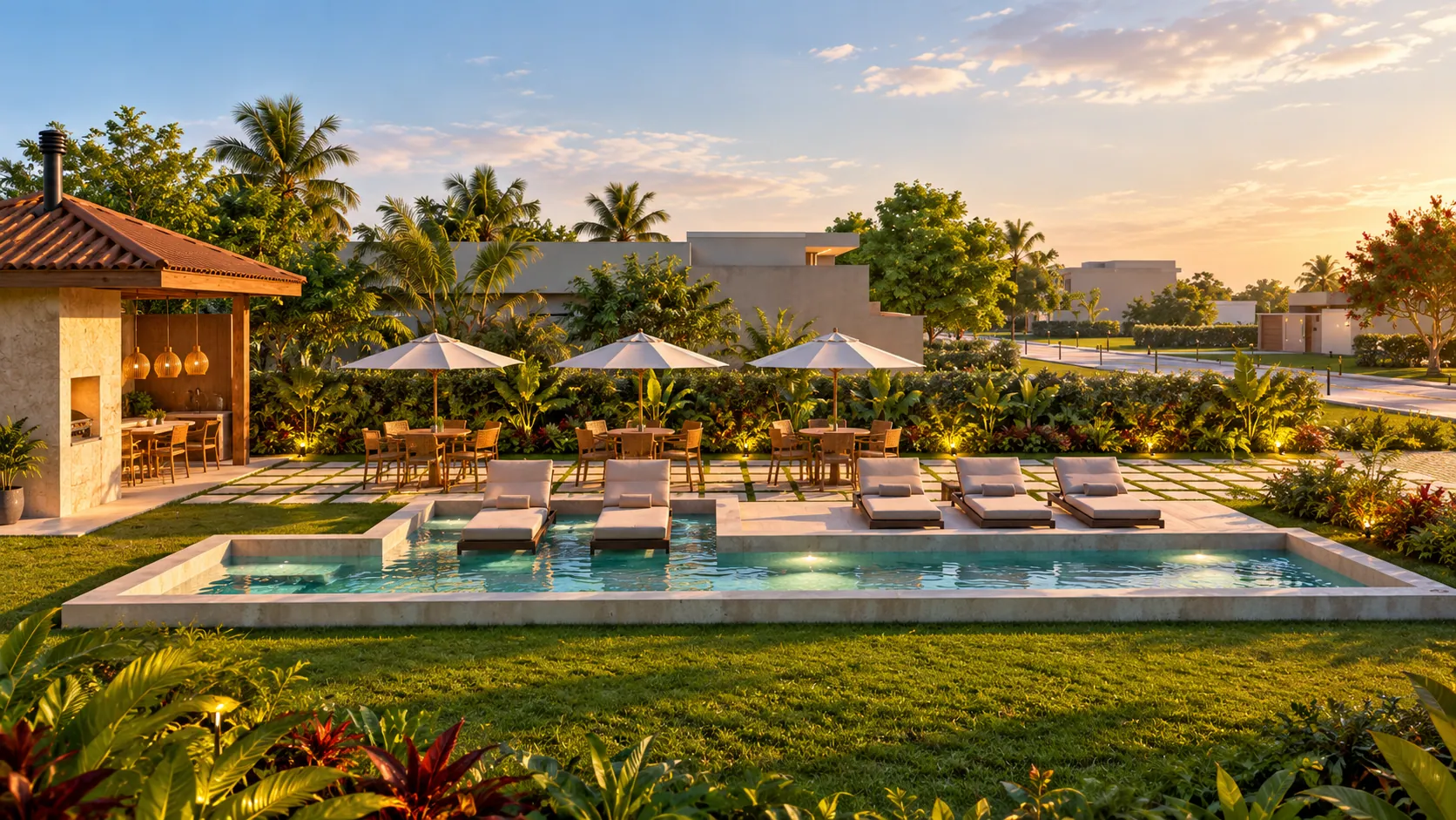 Clube com piscina, espreguiçadeiras e área gourmet ao entardecer