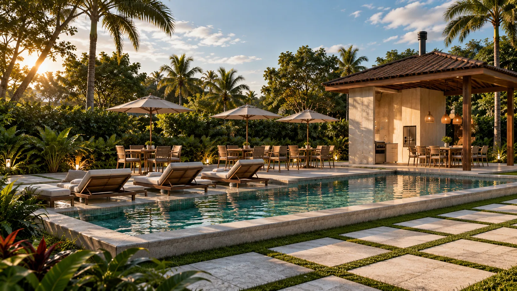 Piscina do clube com espreguiçadeiras e área gourmet coberta