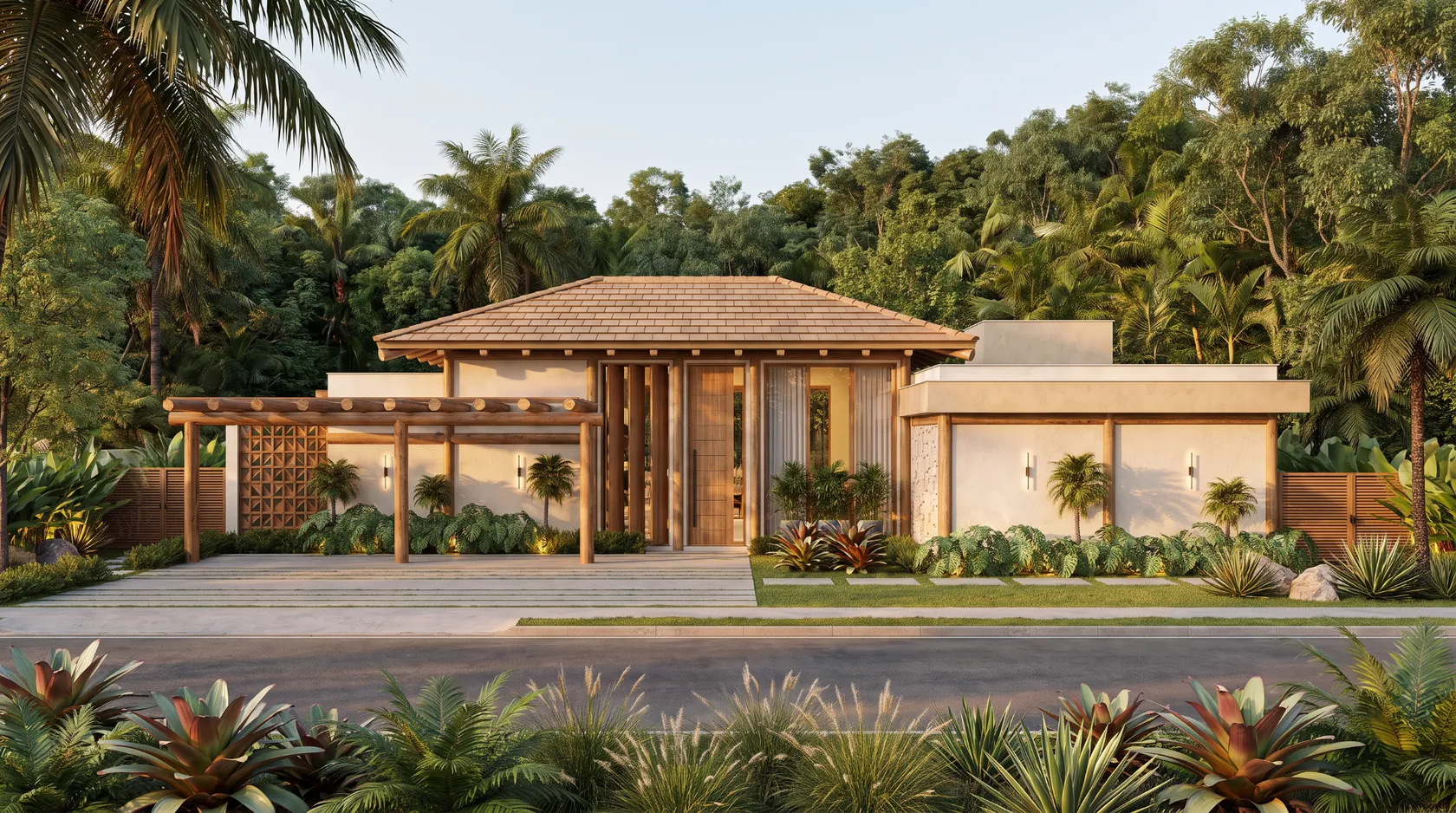 Fachada de um dos modelos de casa, com telhado cerâmico e paisagismo tropical