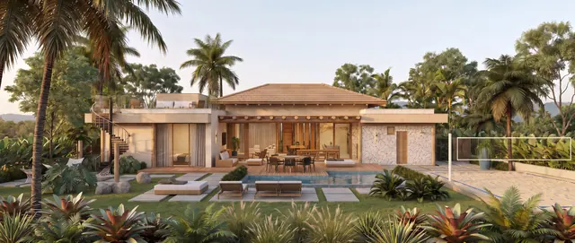 Fundos de um modelo de casa com piscina e quadra