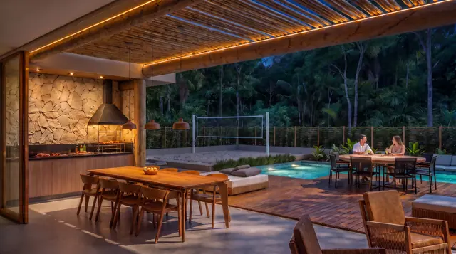 Espaço gourmet de um modelo de casa à noite