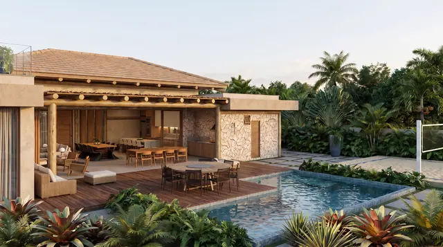 Modelo de casa com piscina e deck de madeira
